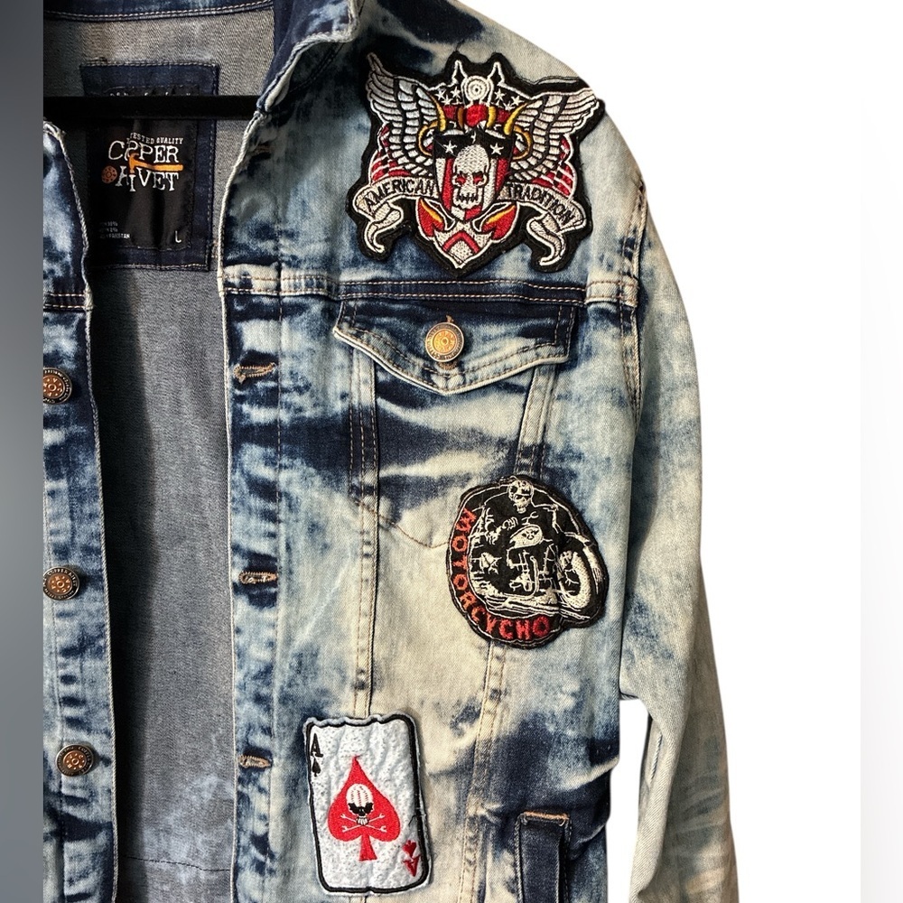 Copper Rivet Motorcycle Painted Jean Jacket Size Large - Picture 2 of 7